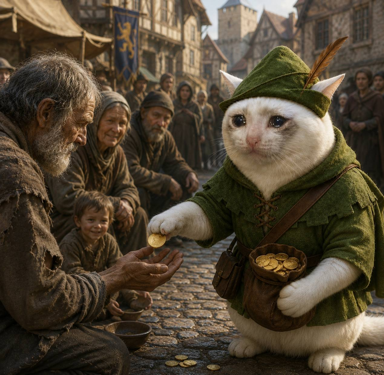ROBINSAD handing a gold coin to a poor old man in a medieval market square while a child watches